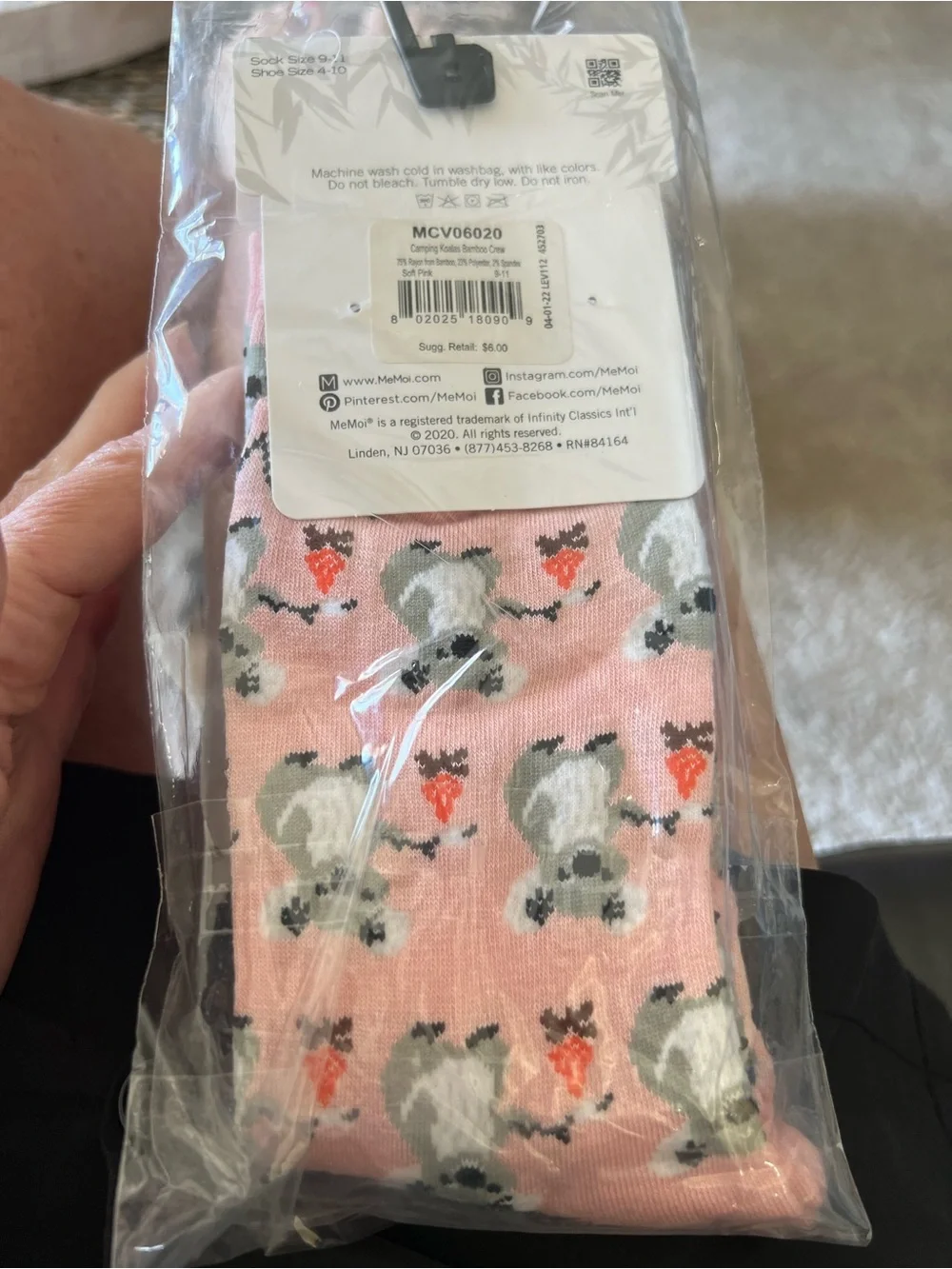 MeMoi Women's Pink Koala Print Bamboo Blend Crew Socks